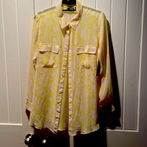 ana woman’s yellow + white print sheer button down shirt